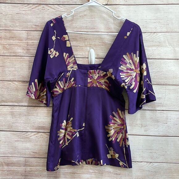TRINA TURK 100% SILK KIMONO STYLE TOP IN PURPLE FLORAL PRINT - Picture 4 of 9